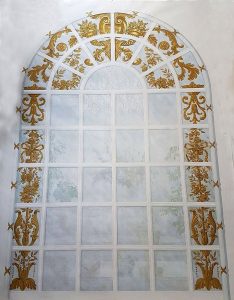 Toile peinte, trompe l'oeil d'une fenêtre avec ornements, dorure, intérieur