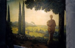 Décor peint sur mur de chambre, toile peinte, paysage italien,