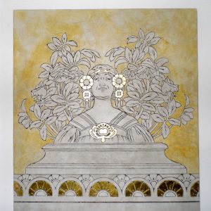 décor sur panneau - matière à la chaux avec motif Art Nouveau en sgraffito gravé a fresco et feuille d'or