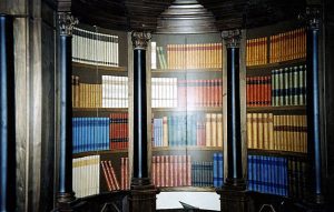 Fausse bibliothèque peinte, trompe l'oeil