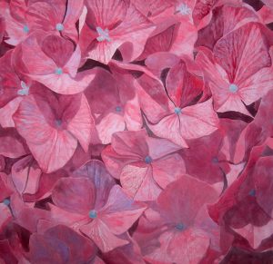 Hortensia peinture a fresco, panneau peint, mortier chaux sable