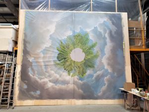 Toile pour plafond en cours de travaux, nuages et végétaux (projet de MVDECOR)