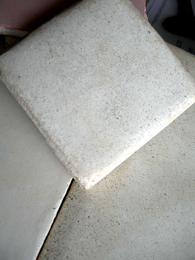Custom-made tiles, lime and sand, crema colour