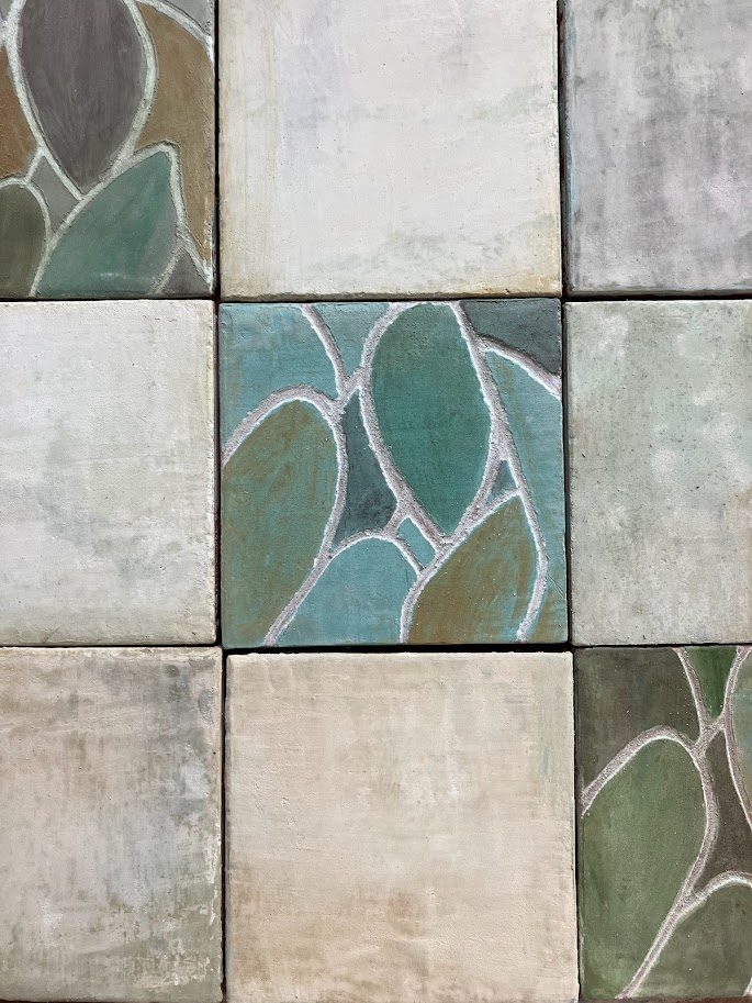 carreau artisanal sur mesure decor gravure, ton vert